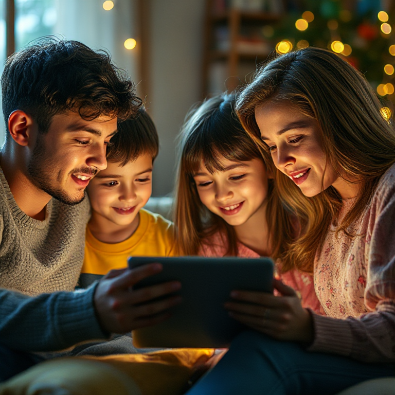 A family gathered around a tablet creating a story together